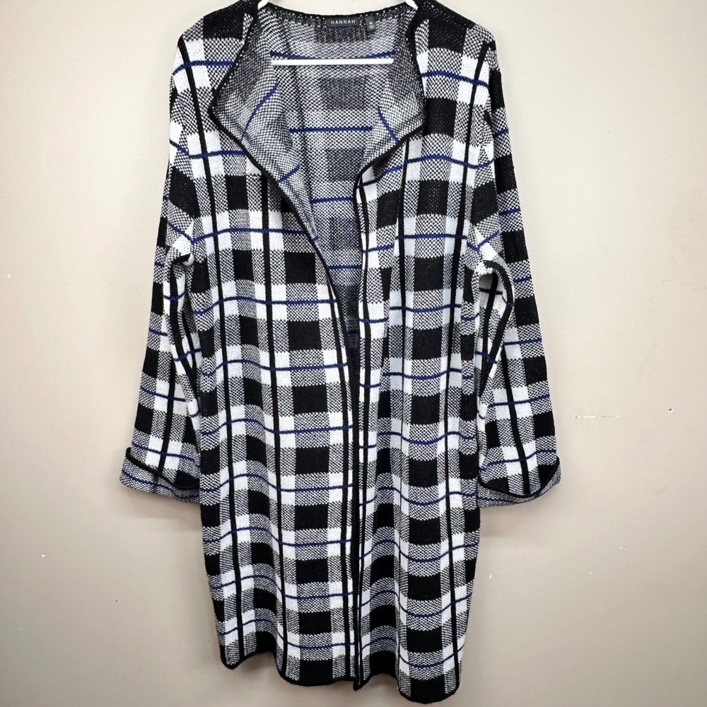 Hannah Womens XL Plaid‎ Open Front Longline Cardigan Black White Blue